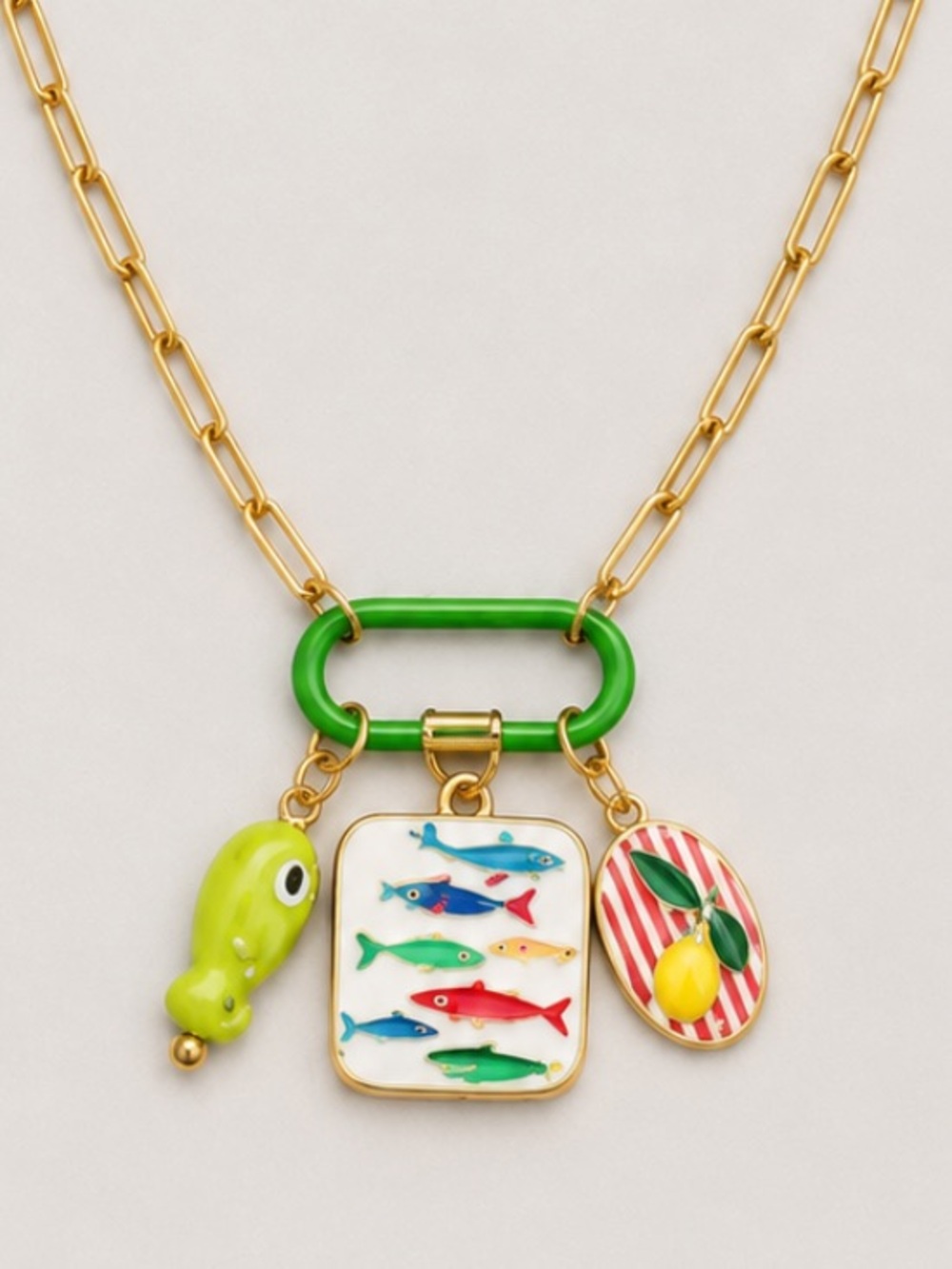 New! Green Fish Charm Carabiner Gold Necklace NWOT 5048